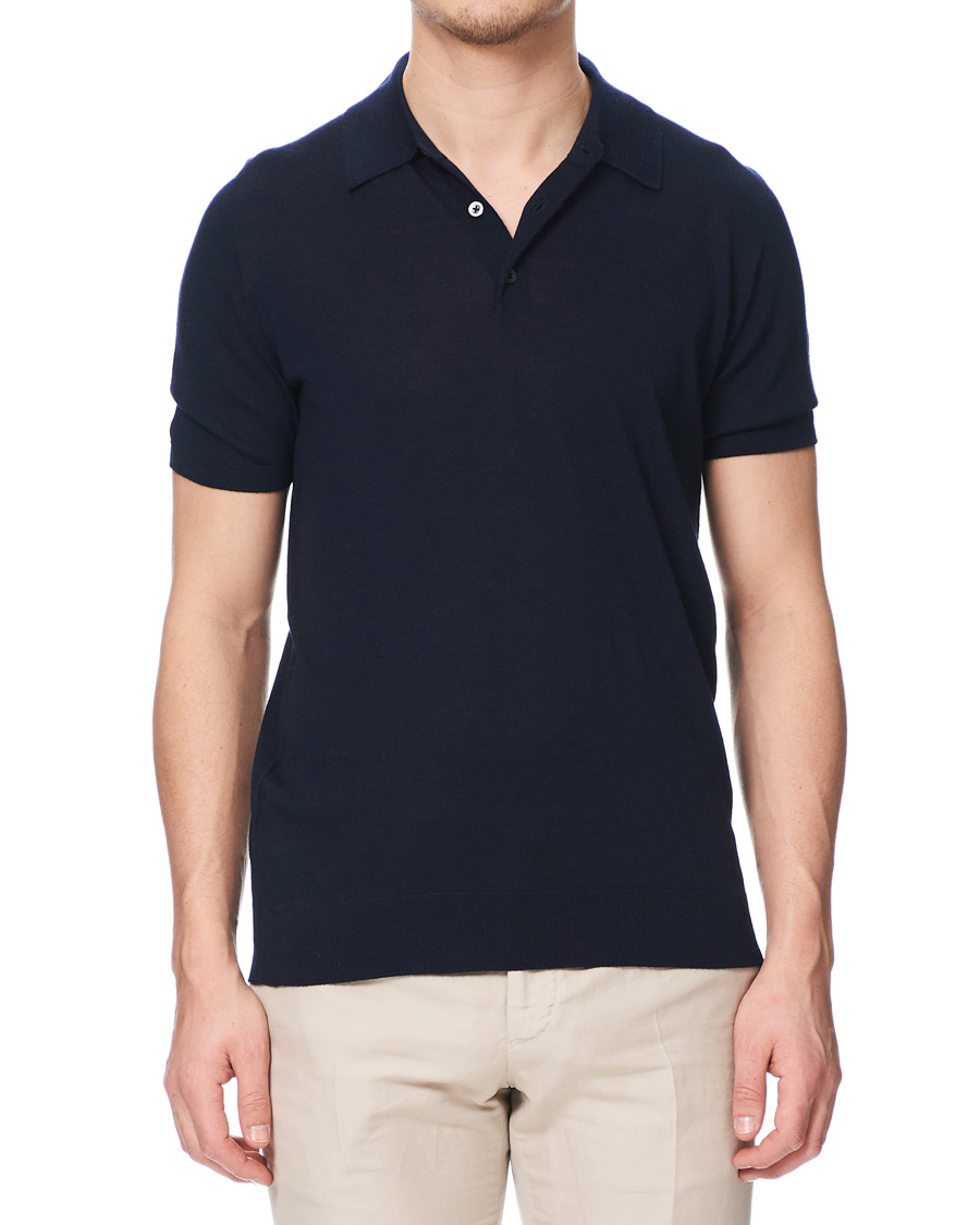 Herren | Poloshirts | Johnstons of Elgin | Superfine Worsted Merino Short Sleeve Polo Dark Navy