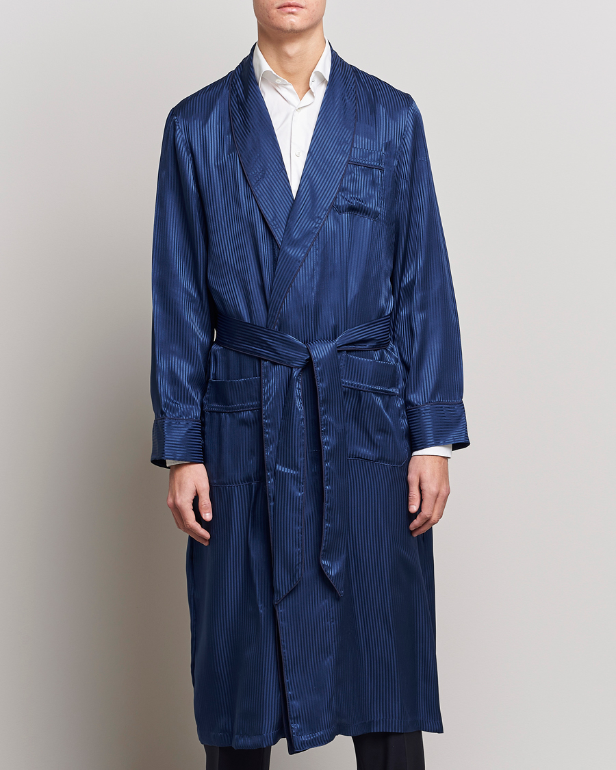 Herren | Freizeitkleidung | Derek Rose | Pure Silk Striped Dressing Gown Navy