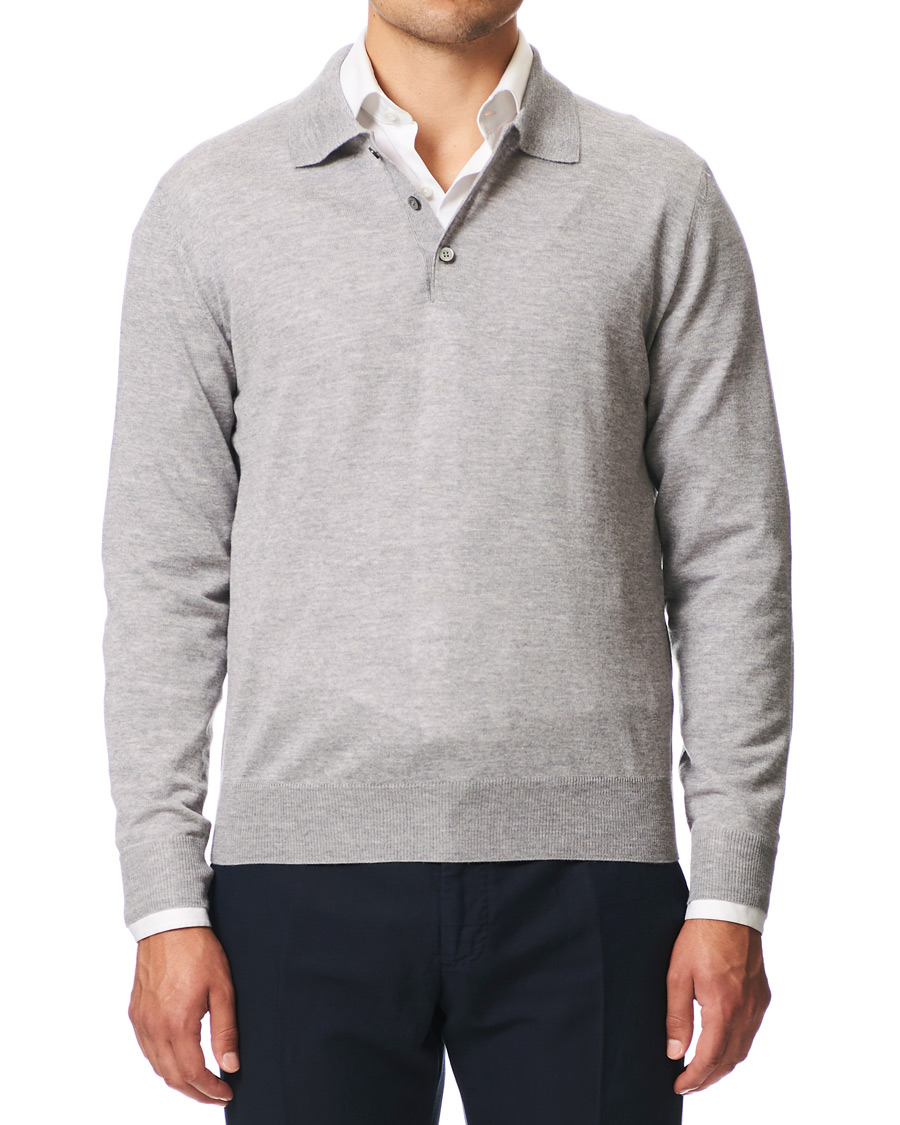 Herren | Pullover | Canali | Knitted Long Sleeve Polo Light Grey