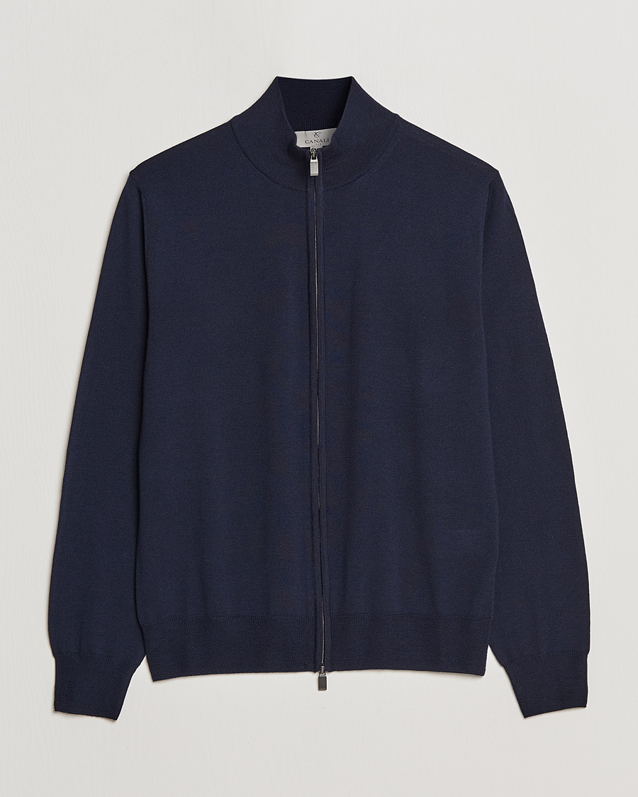 Herren | Pullover | Canali | Merino Wool Full Zip Navy