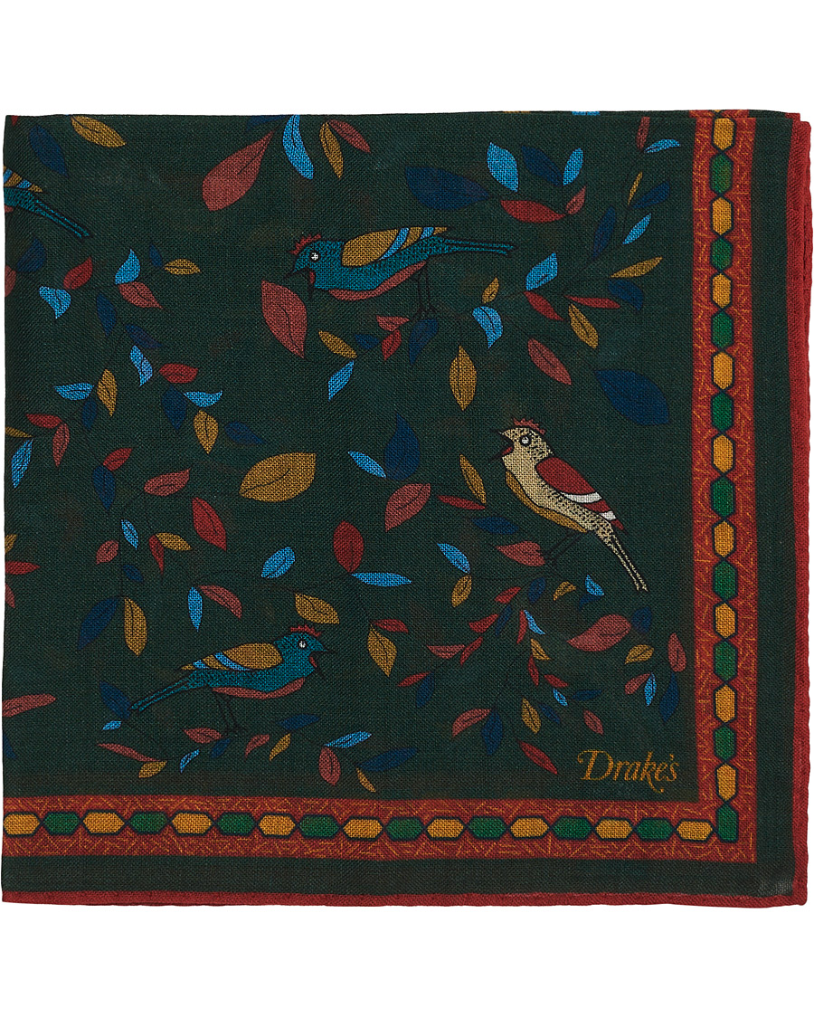 Herren | Drake's Printed Wool/Silk Songbird Pocket Square Green | Drake's | Printed Wool/Silk Songbird Pocket Square Green