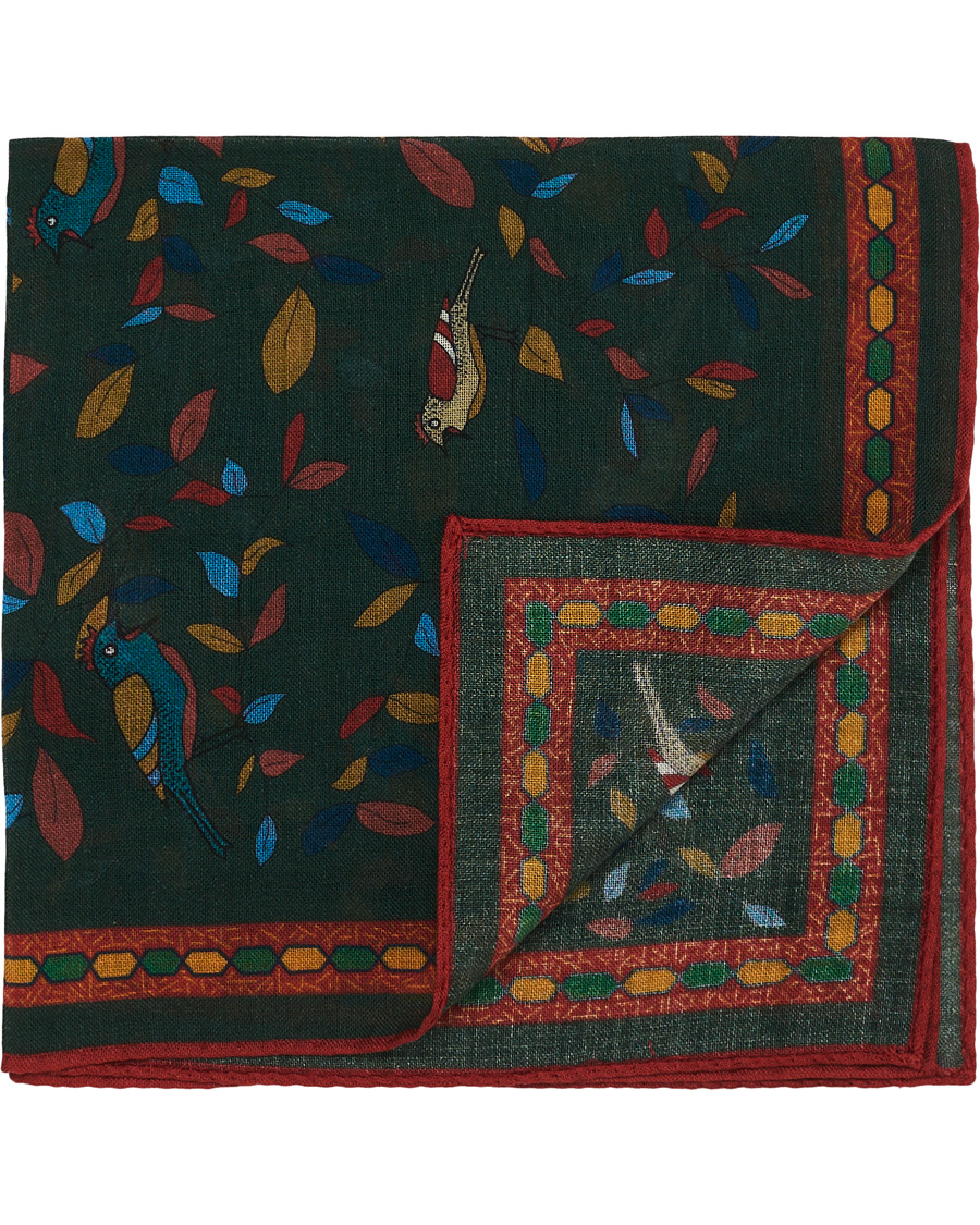 Herren | Drake's Printed Wool/Silk Songbird Pocket Square Green | Drake's | Printed Wool/Silk Songbird Pocket Square Green