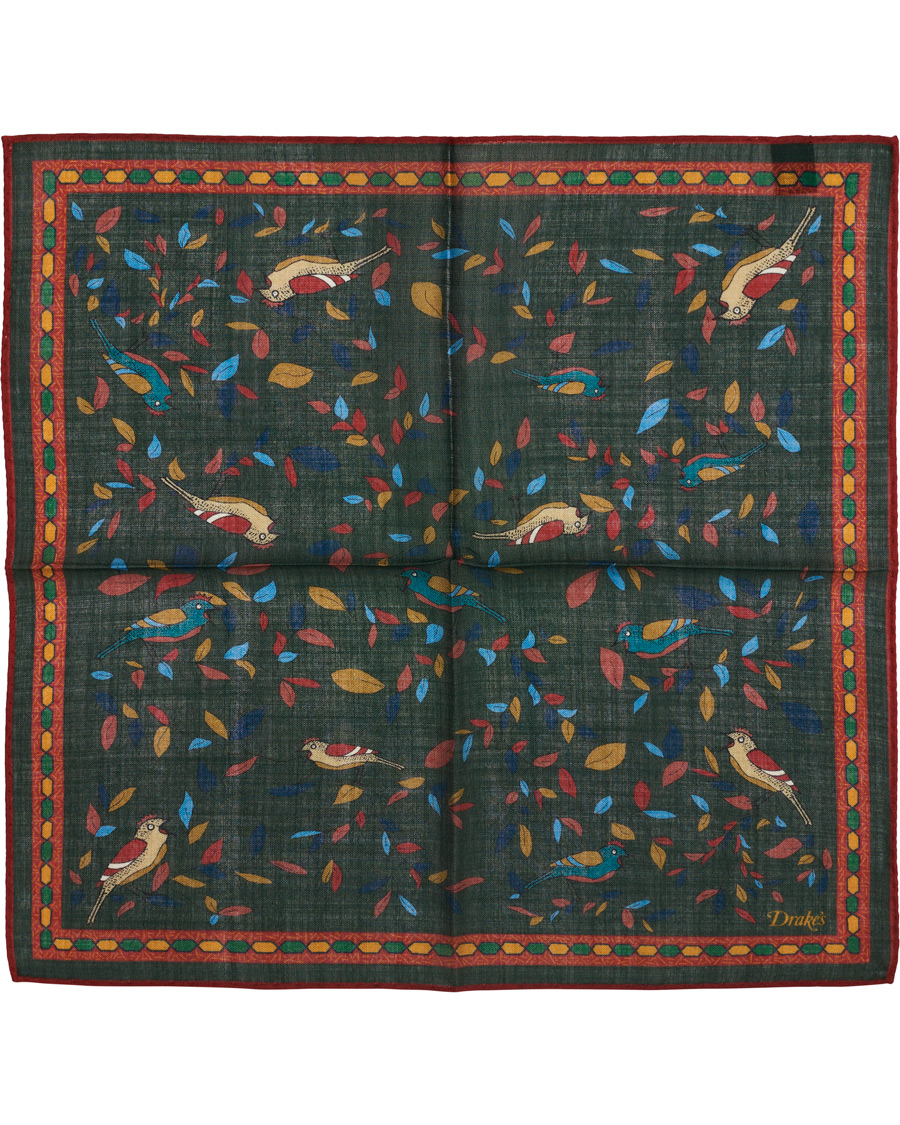 Herren | Drake's Printed Wool/Silk Songbird Pocket Square Green | Drake's | Printed Wool/Silk Songbird Pocket Square Green