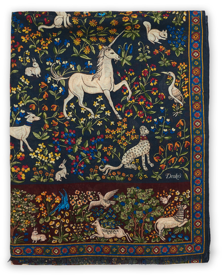 Herren | Drake's Wool/Silk Printed Mythical Forest Scarf Navy | Drake's | Wool/Silk Printed Mythical Forest Scarf Navy