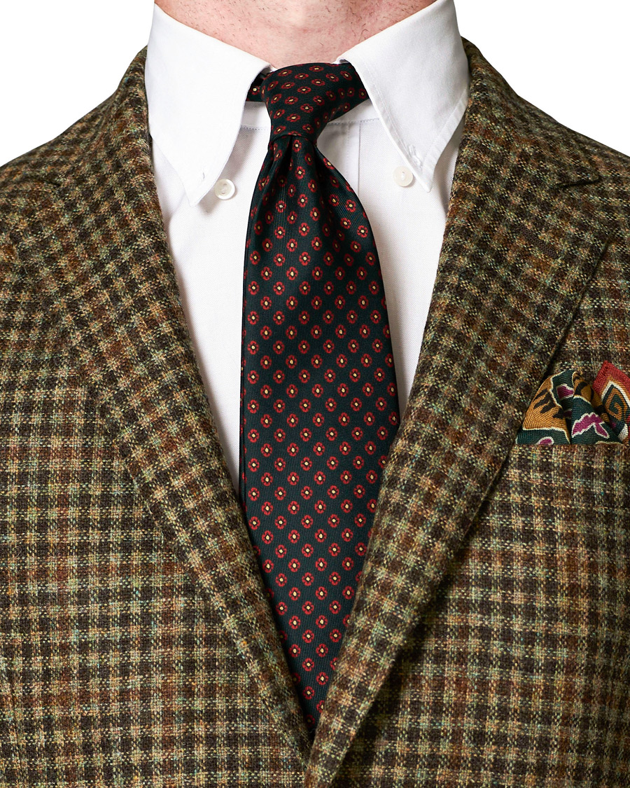 Herren | Drake's Printed Silk Flower 8 cm Tie Green | Drake's | Printed Silk Flower 8 cm Tie Green