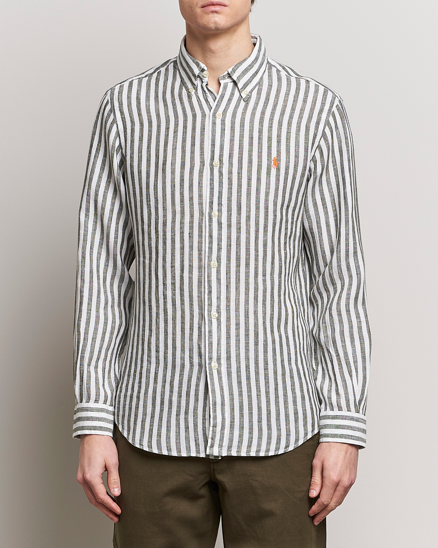 Herren |  | Polo Ralph Lauren | Custom Fit Striped Linen Shirt Olive/White
