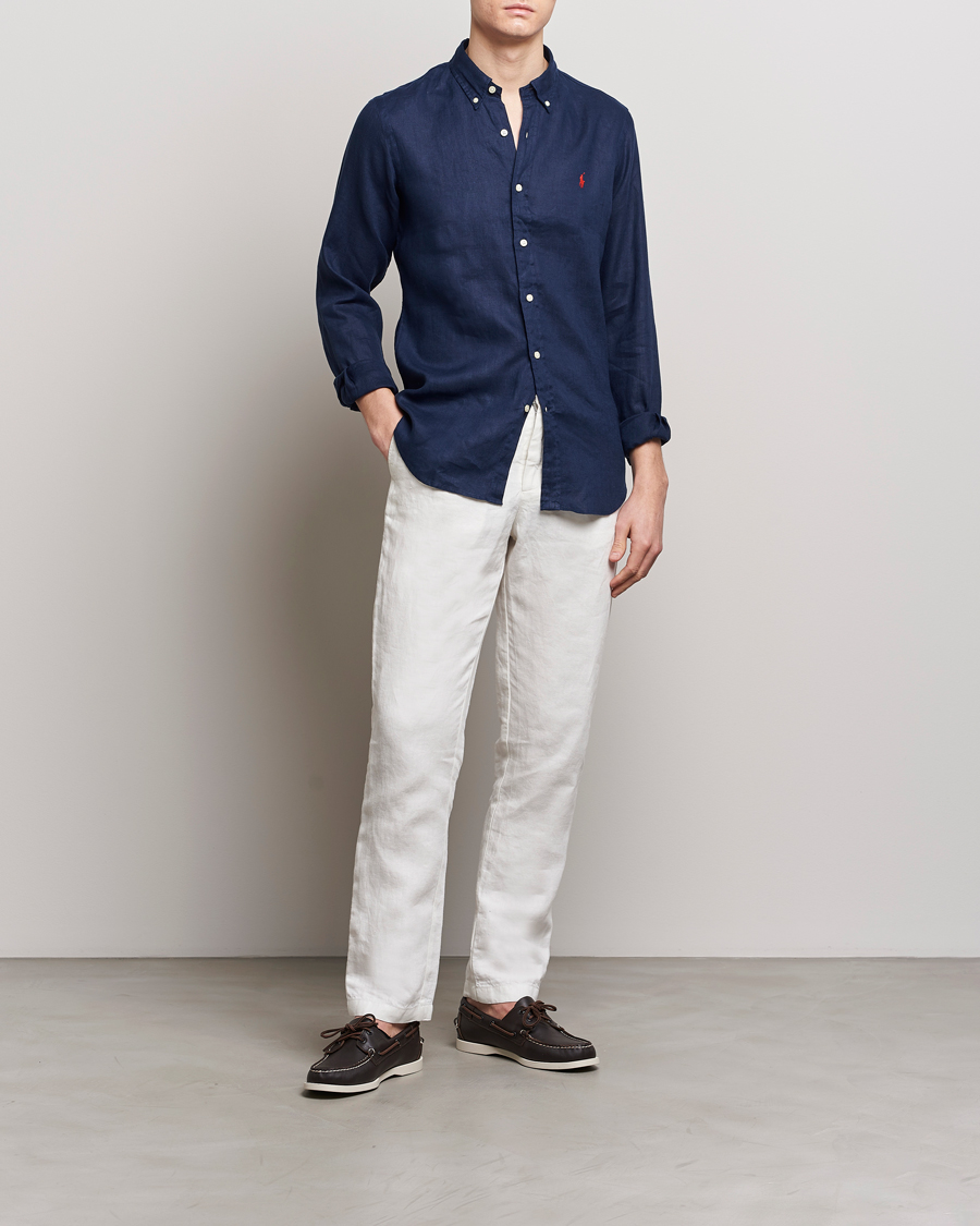 Herren | The Linen Lifestyle | Polo Ralph Lauren | Slim Fit Linen Button Down Shirt Newport Navy