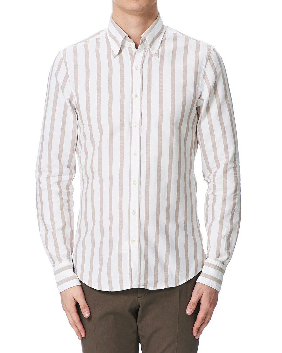 Herren | Hemden | Stenströms | Slimline Wide Striped Oxford Shirt Beige