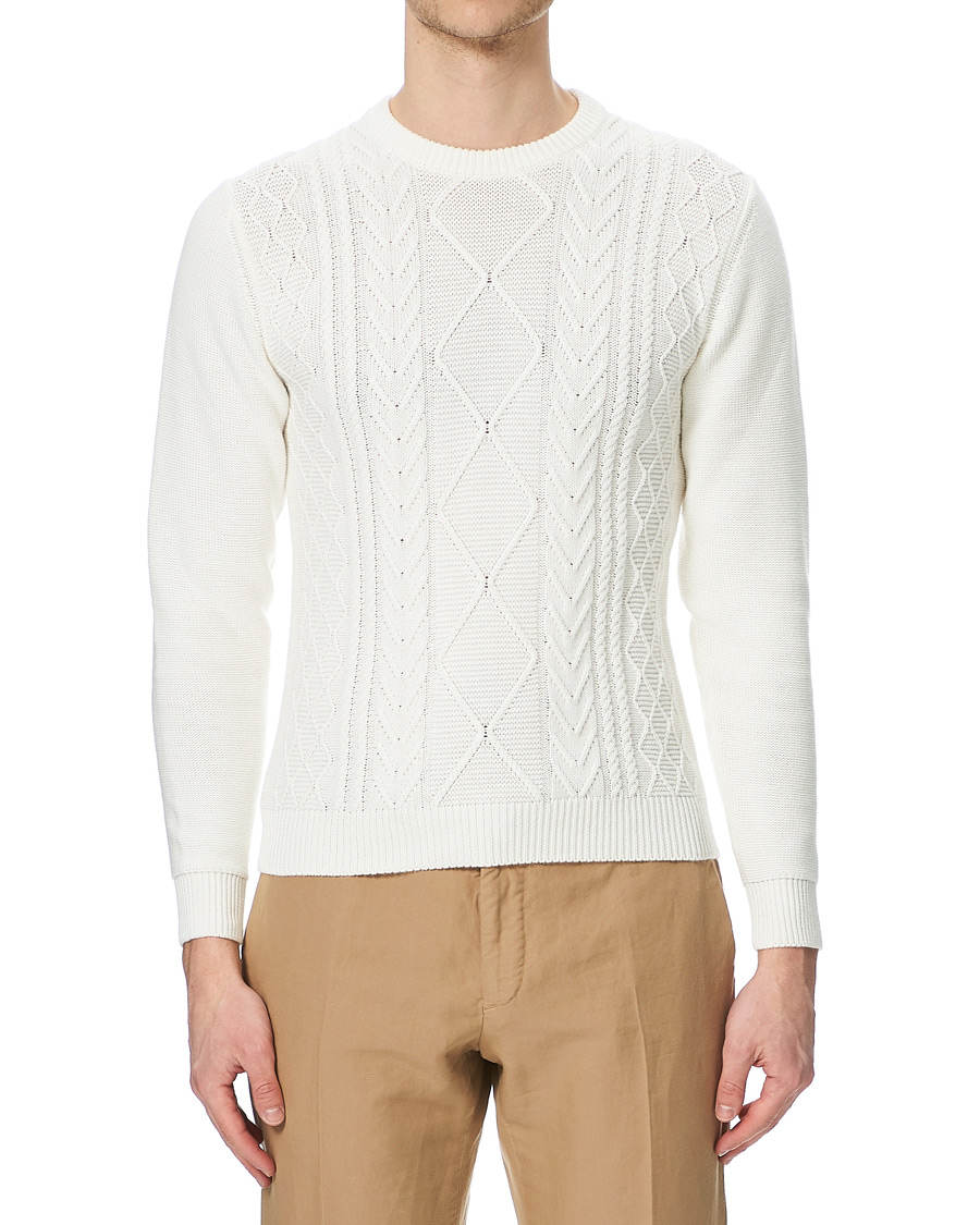 Herren | Pullover | Piacenza Cashmere | Aran Knit Cotton Sweater Off White