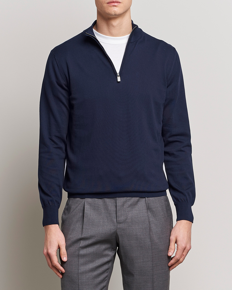 Herren | Pullover | Canali | Cotton Half Zip Sweater Navy