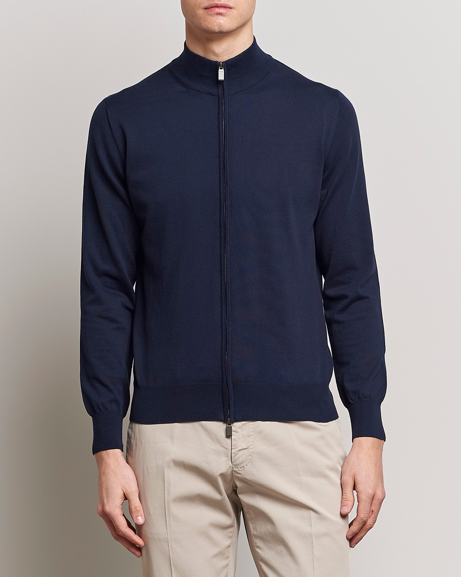 Herren | Full-zip | Canali | Cotton Full Zip Sweater Navy