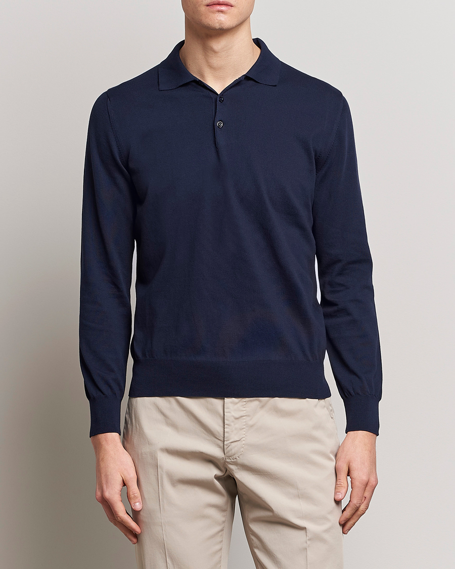 Herren | Bestickte Polohemden | Canali | Cotton Long Sleeve Polo Navy