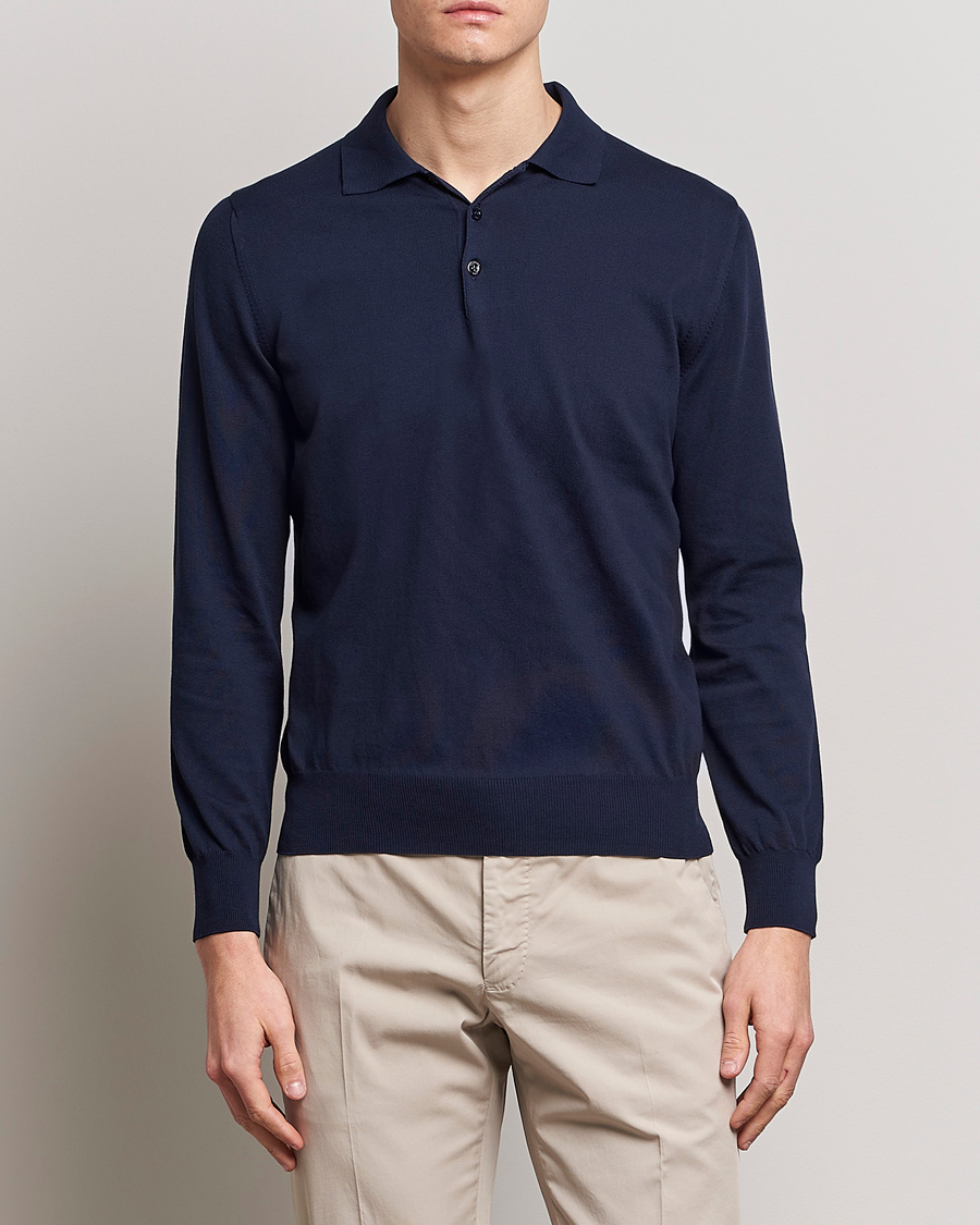 Herren | Quiet Luxury | Canali | Cotton Long Sleeve Polo Navy