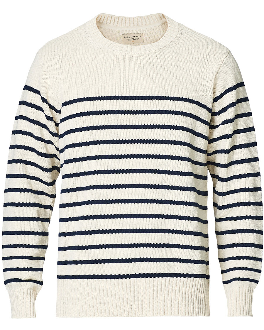 Herren | Pullover | Nudie Jeans | Hamus Recycled Stripe Crew Neck Off White/Navy