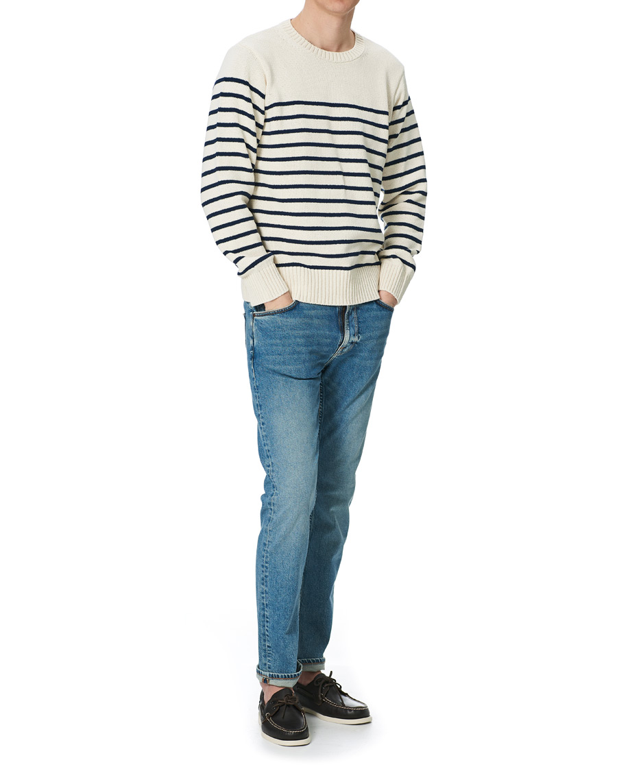 Herren | Pullover | Nudie Jeans | Hamus Recycled Stripe Crew Neck Off White/Navy