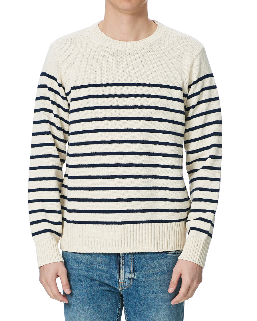 Herren | Pullover | Nudie Jeans | Hamus Recycled Stripe Crew Neck Off White/Navy