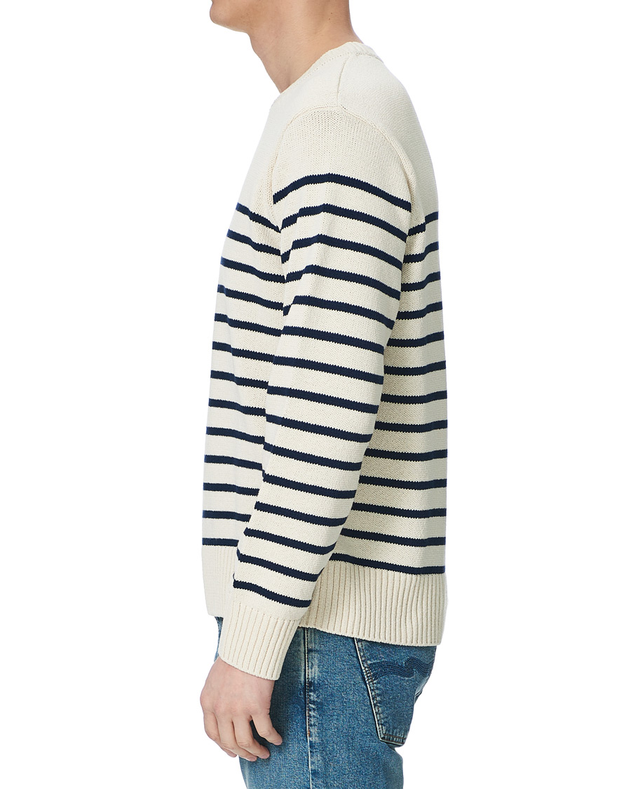 Herren | Pullover | Nudie Jeans | Hamus Recycled Stripe Crew Neck Off White/Navy
