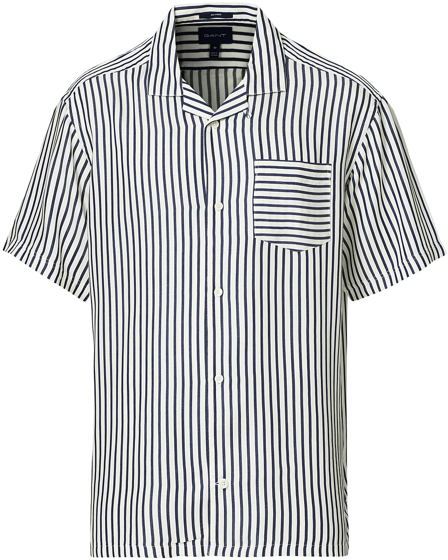 Herren | Hemden | Gant | Rel Stripe Camp Collar Short Sleeve Shirt White/Blue