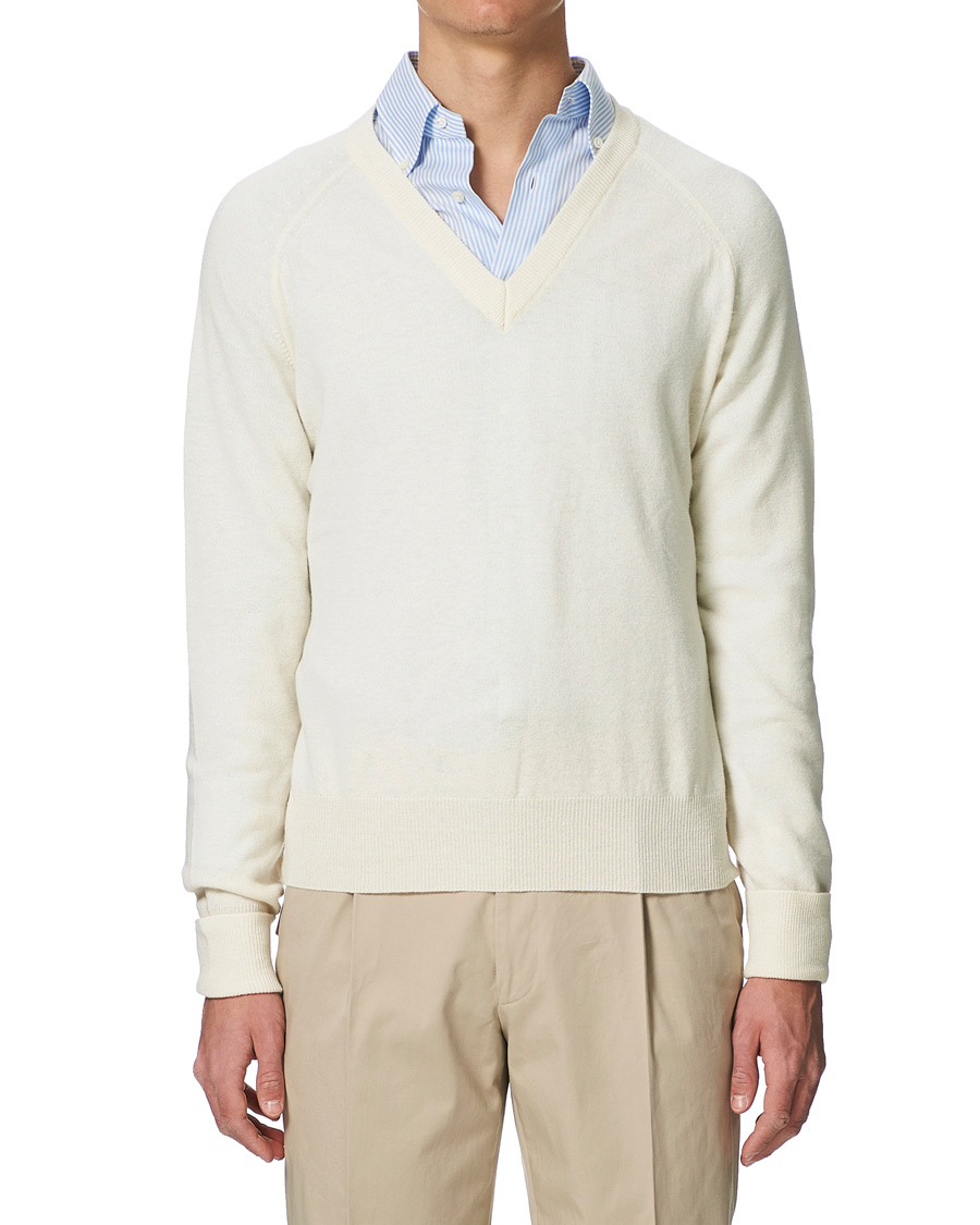 Herren | Pullover | Stenströms | Washed Merino Deep V-Neck Off White