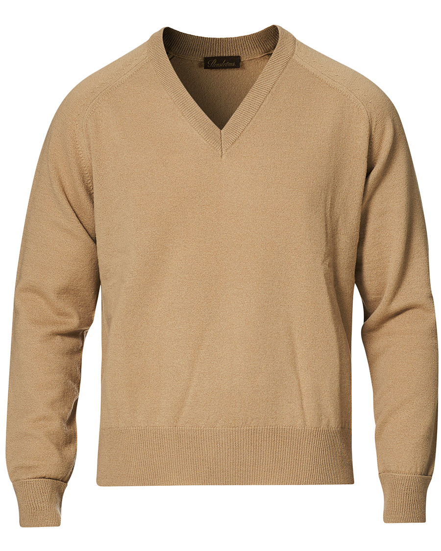 Herren | Pullover | Stenströms | Washed Merino Deep V-Neck Camel
