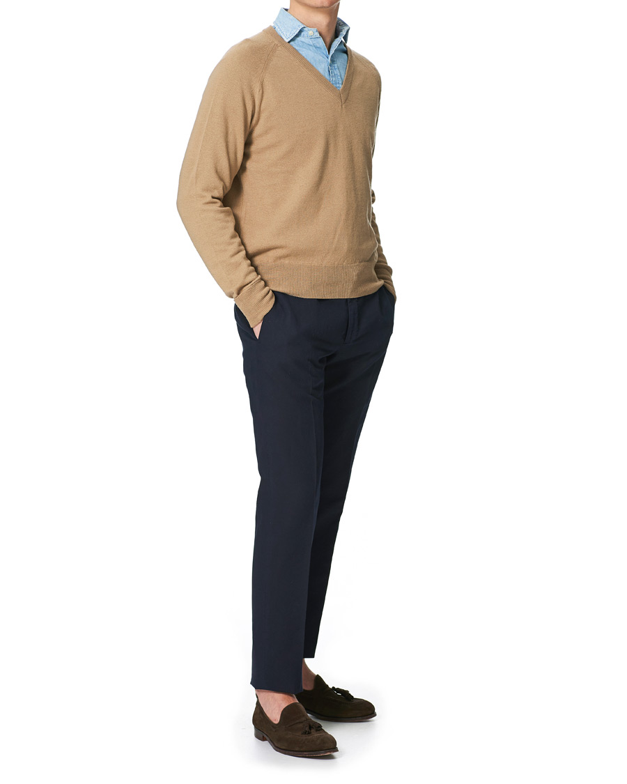 Herren | Pullover | Stenströms | Washed Merino Deep V-Neck Camel
