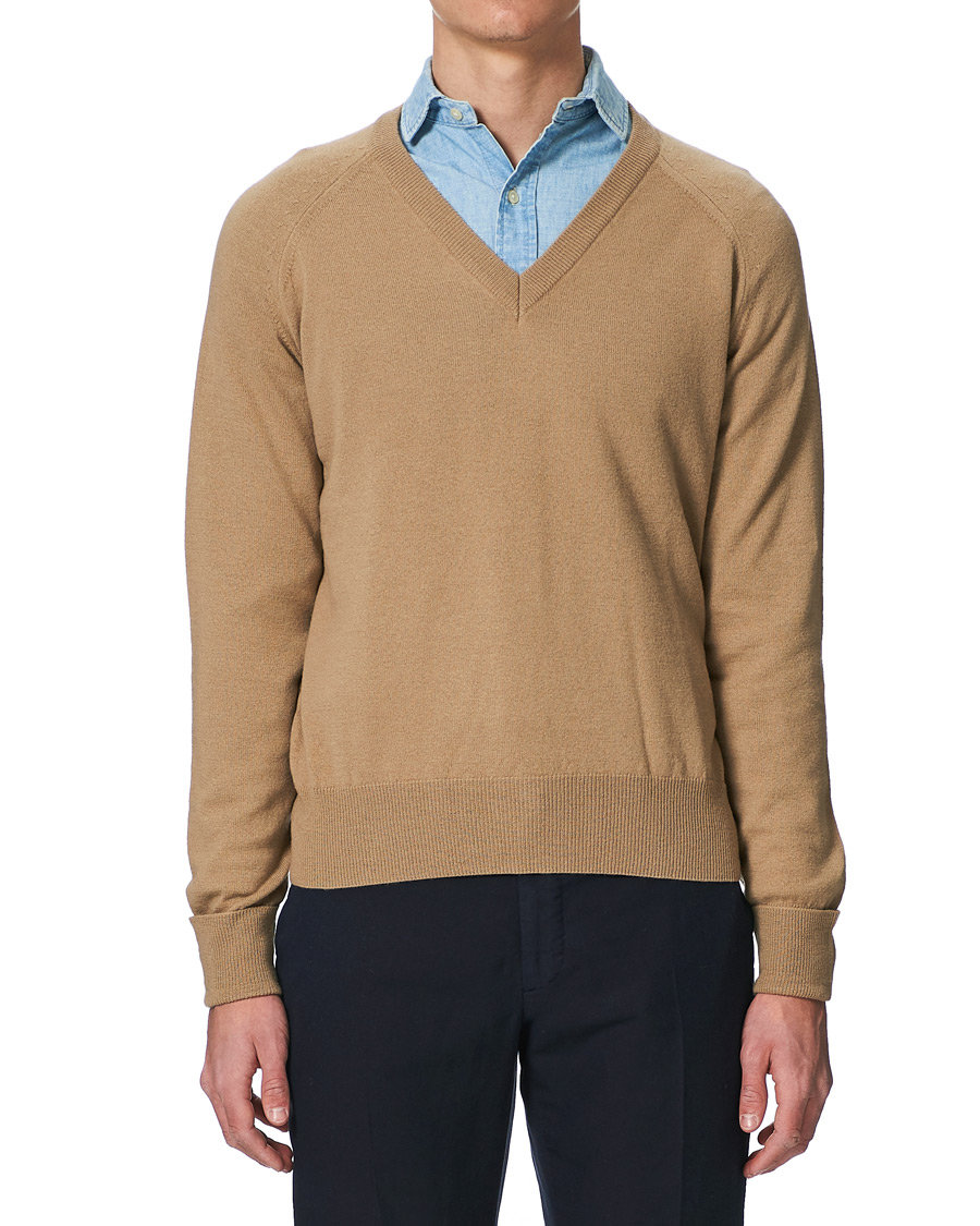 Herren | Pullover | Stenströms | Washed Merino Deep V-Neck Camel