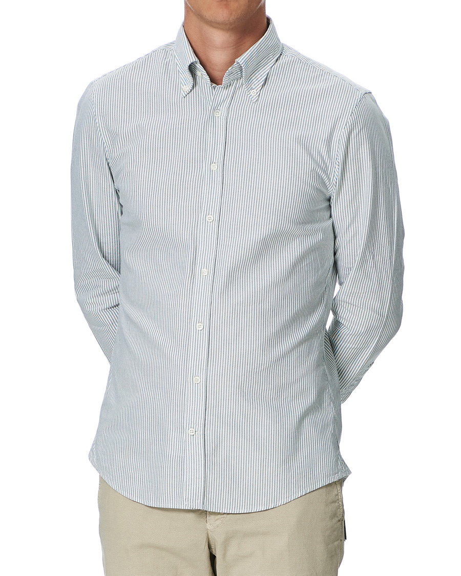 Herren | Hemden | Stenströms | Slimline Washed Striped Oxford Shirt Green