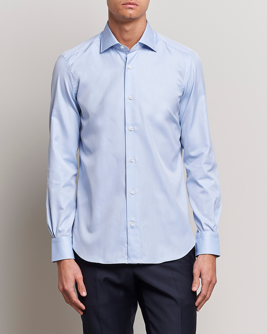 Men |  | Mazzarelli | Soft Cotton Cut Away Shirt Light Blue