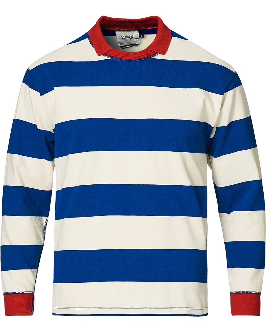 Herren | T-Shirts | Drake's | Mock Collar Long Sleeve Tee Blue/White