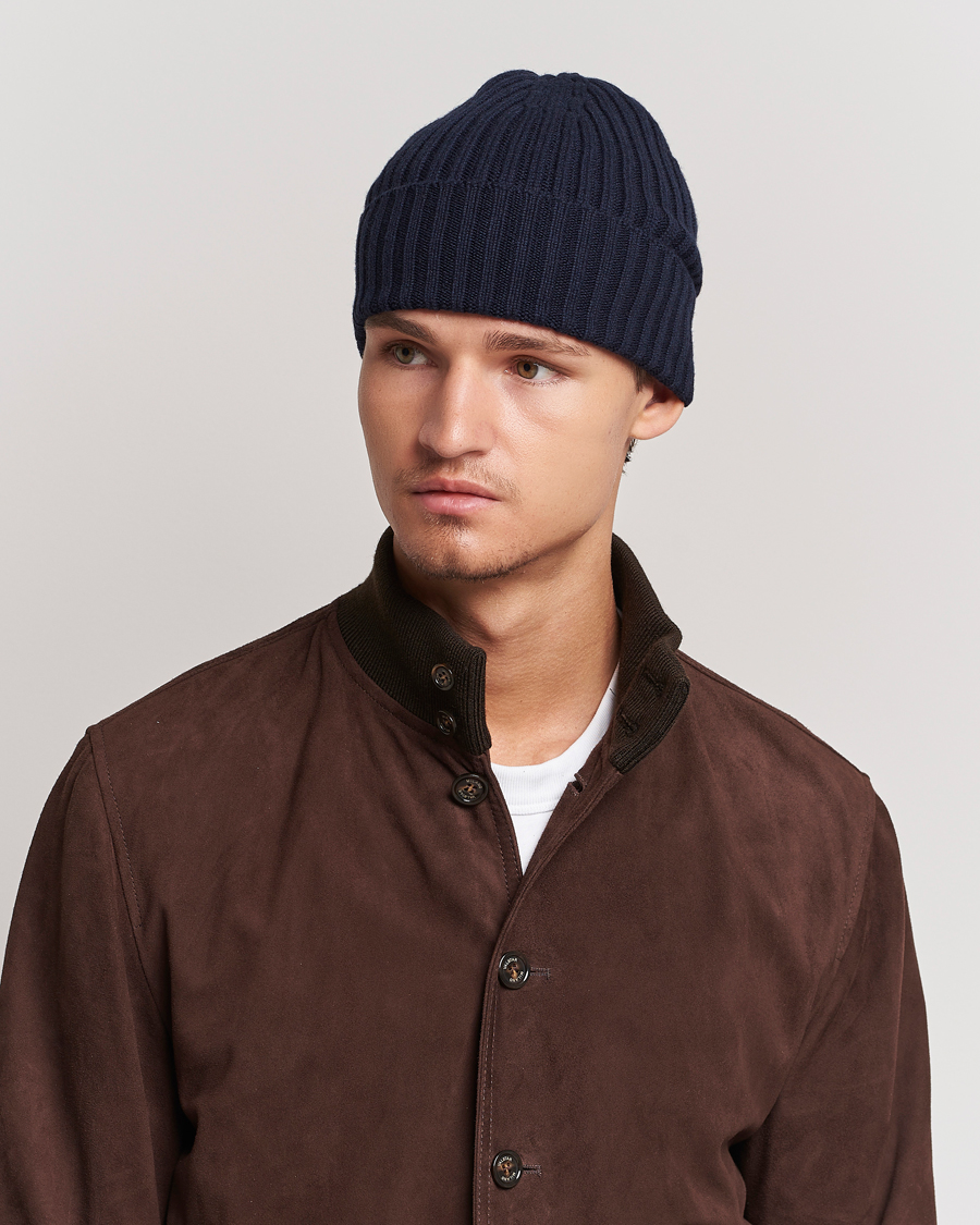 Men | Beanies | Piacenza Cashmere | Ribbed Cashmere Beanie Navy