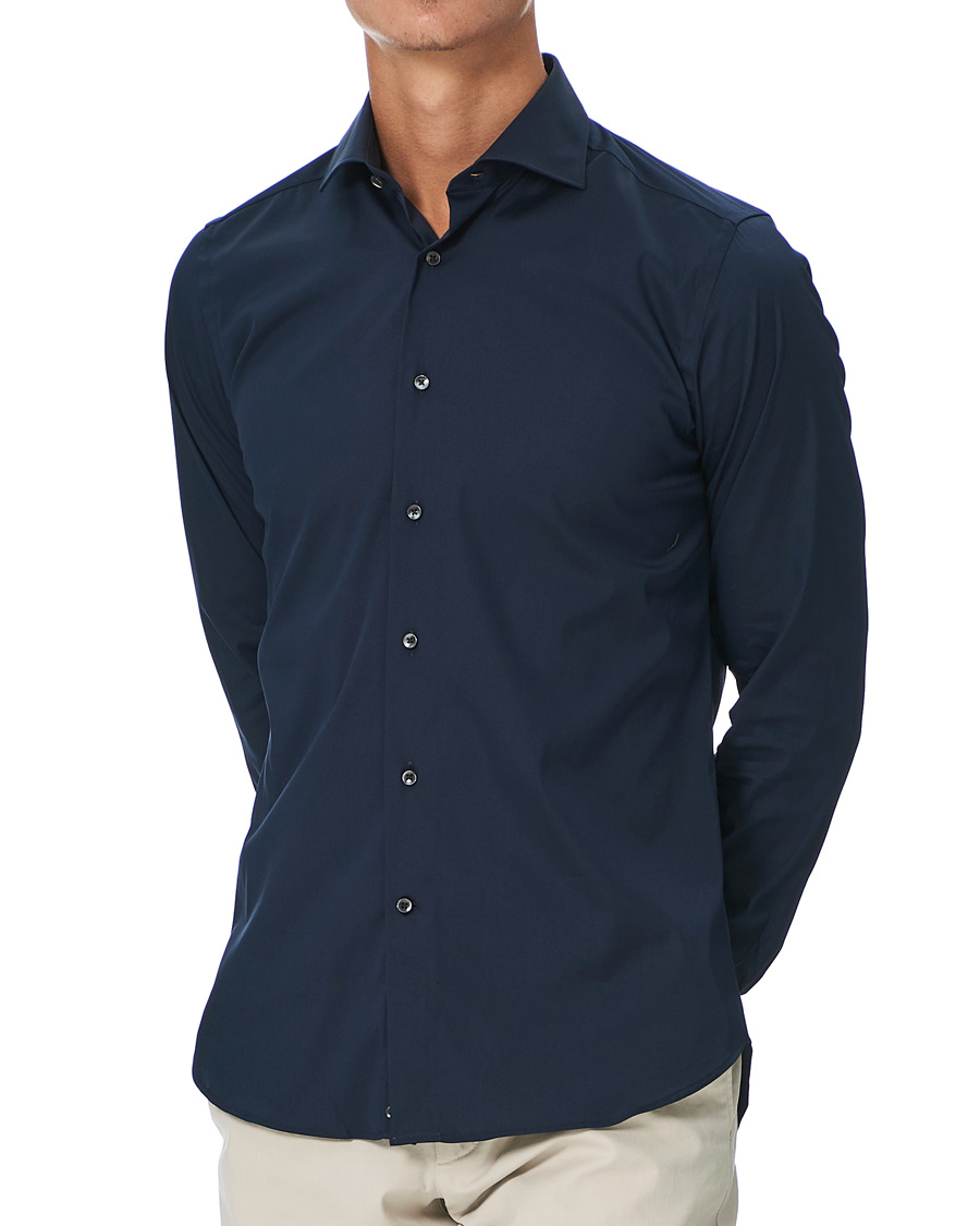 Herren | Hemden | Canali | Slim Fit Cut Away Stretch Shirt Navy