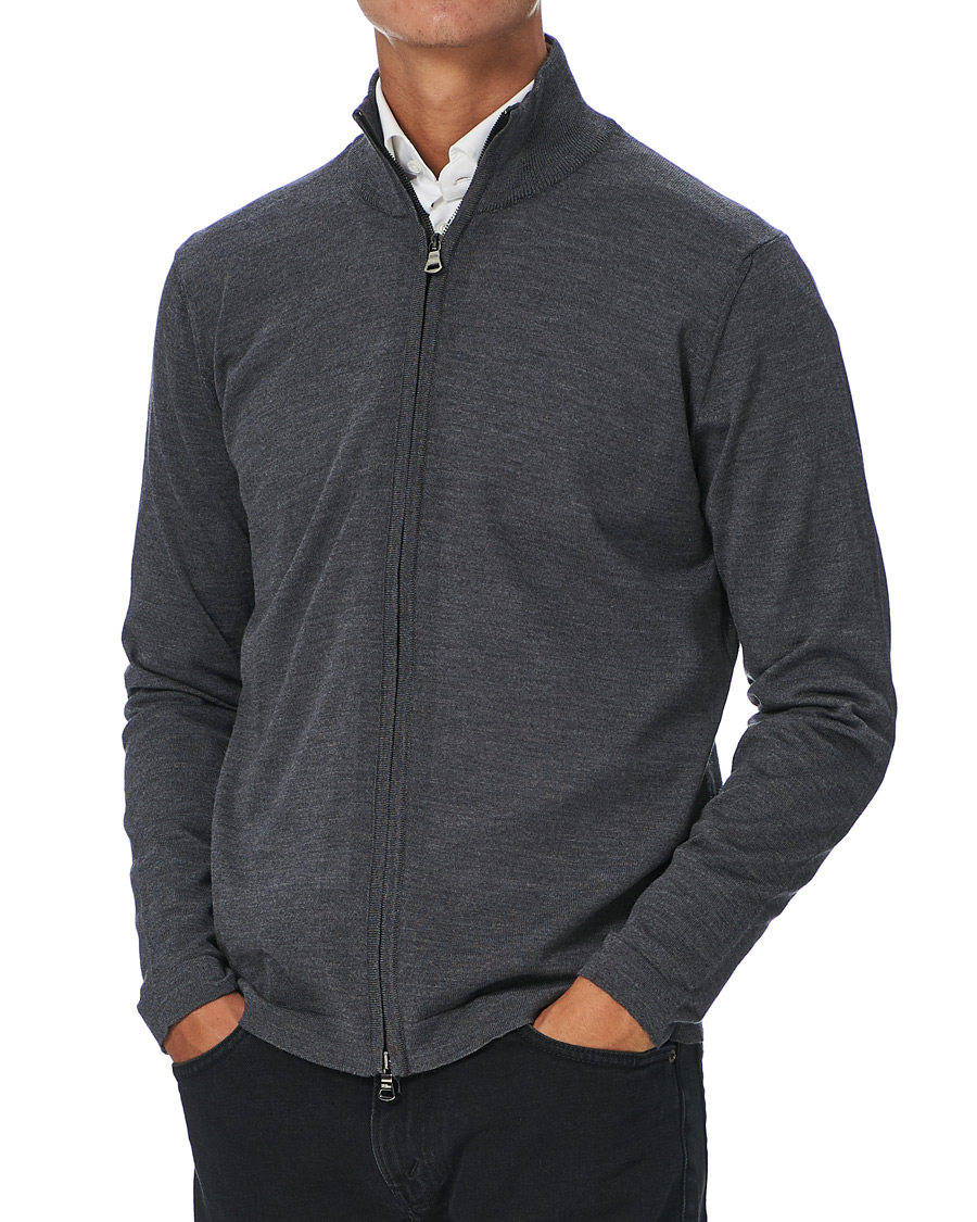 Herren | Pullover | Oscar Jacobson | Ariel Extra Fine Merino Full Zip Grey
