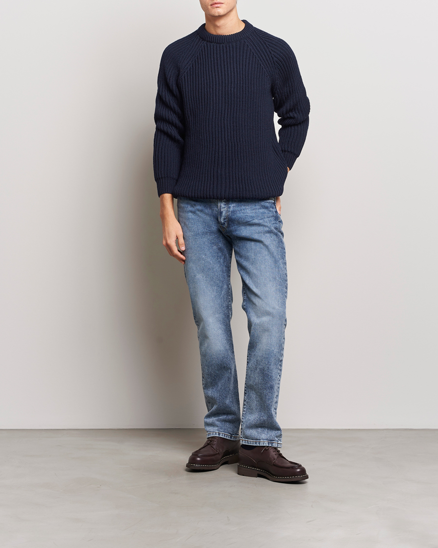 Herren | Pullover | Gloverall | Fisherman Rib Chunky Wool Crew Neck Navy