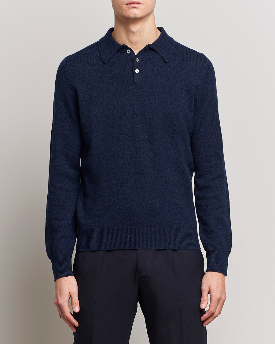 Herren | Bestickte Polohemden | People's Republic of Cashmere | Cashmere Long Sleeve Polo Navy