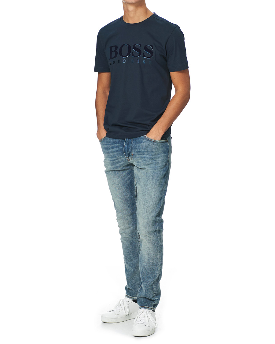 Herren | T-Shirts | BOSS GREEN | BOSS Athleisure Velour Logo Crew Neck Tee Navy