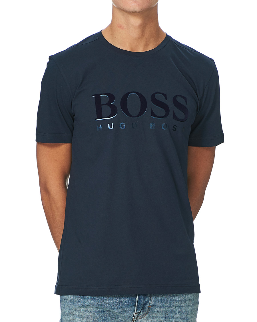 Herren | T-Shirts | BOSS GREEN | BOSS Athleisure Velour Logo Crew Neck Tee Navy