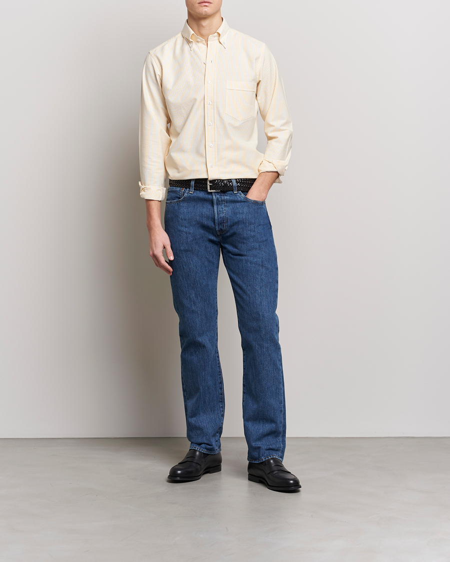 Herren | Hemden | Drake's | Striped Button Down Oxford Shirt White/Yellow