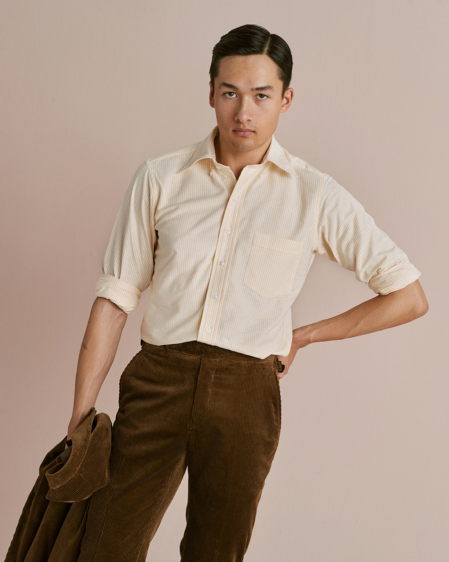 Herren | Hemden | Drake's | Striped Button Down Oxford Shirt White/Yellow