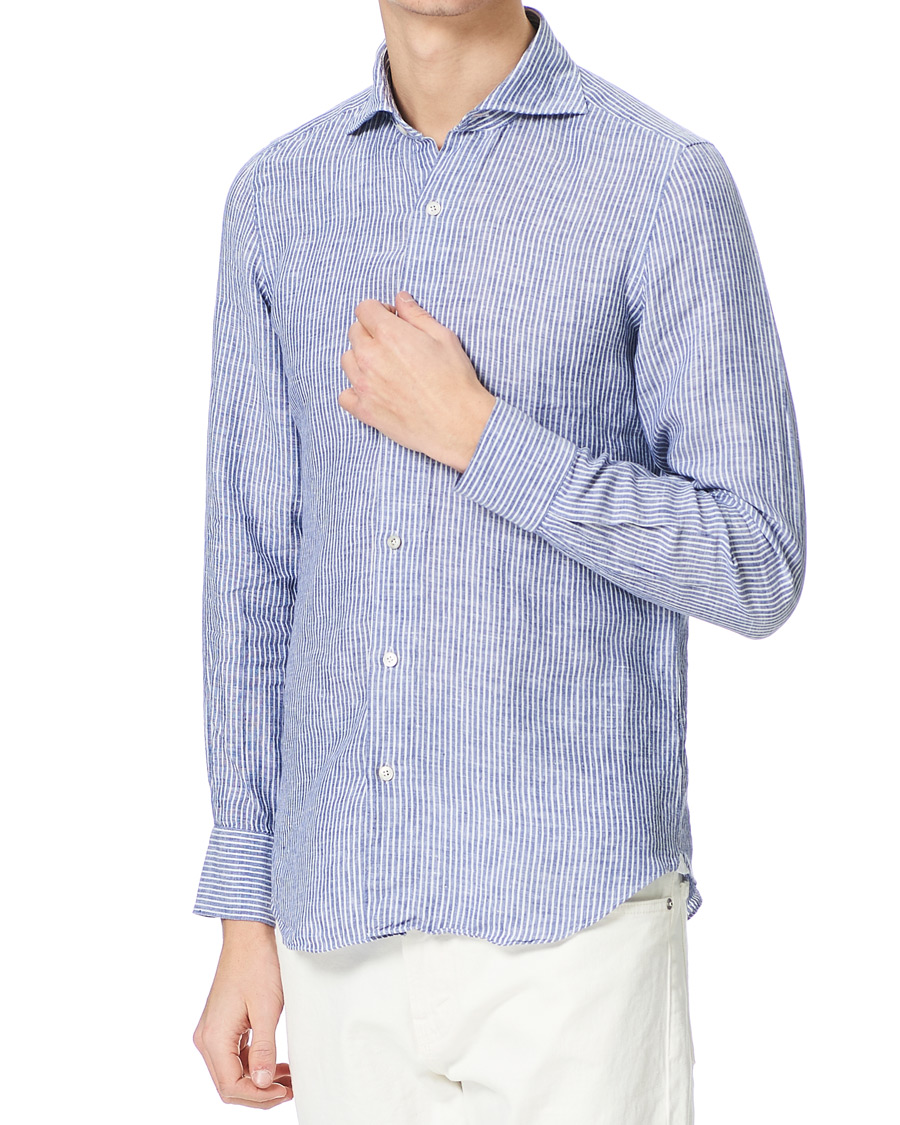 Herren | Hemden | Finamore Napoli | Tokyo Slim Fit Striped Linen Shirt White/Blue