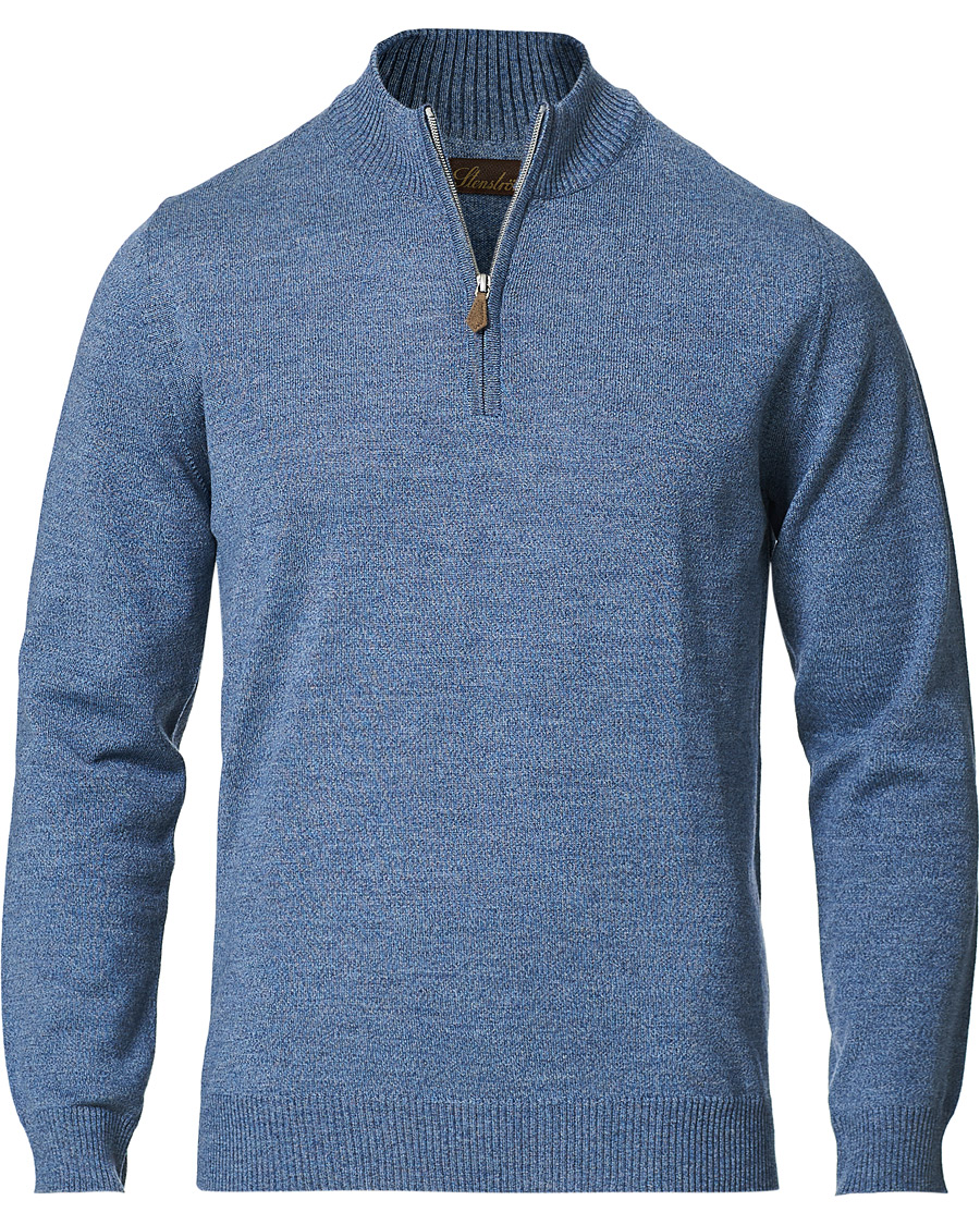 Herren | Pullover | Stenströms | Merino Half Zip Blue Mouliné