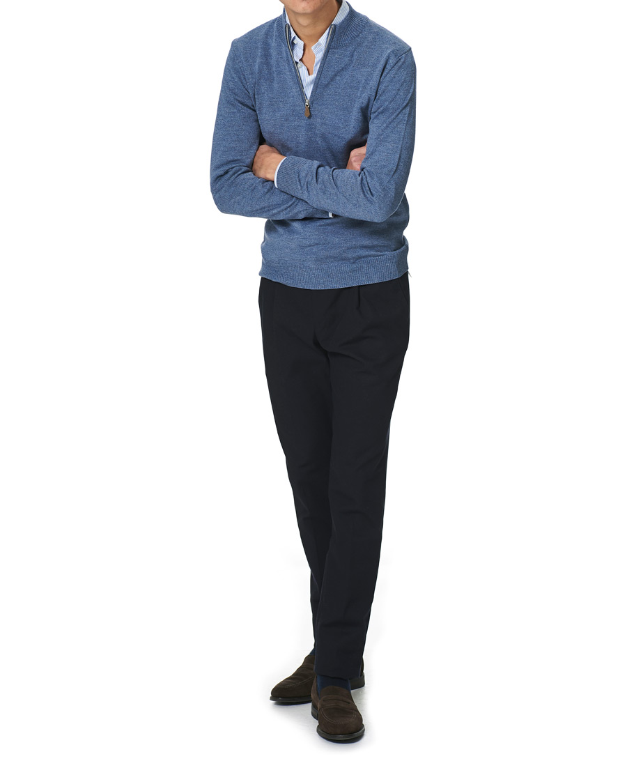Herren | Pullover | Stenströms | Merino Half Zip Blue Mouliné