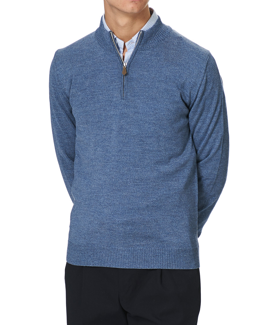 Herren | Pullover | Stenströms | Merino Half Zip Blue Mouliné