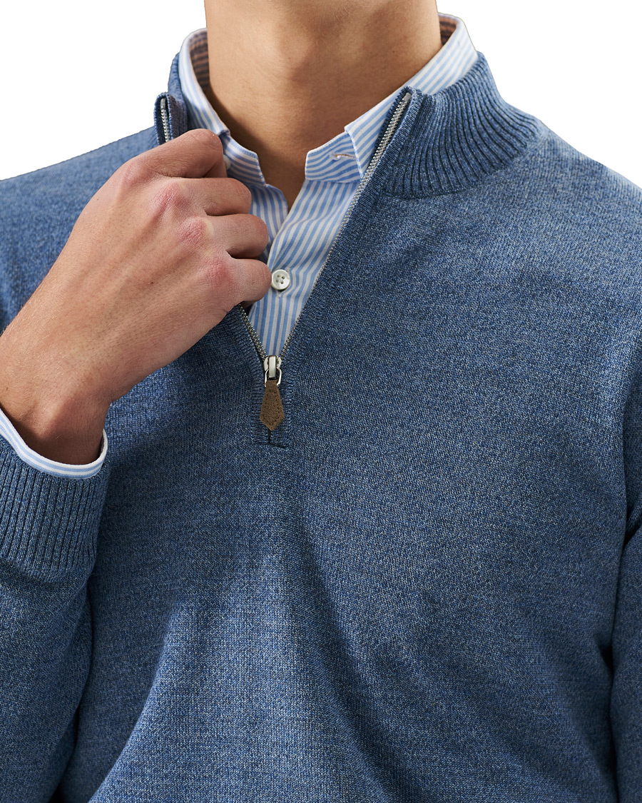 Herren | Pullover | Stenströms | Merino Half Zip Blue Mouliné