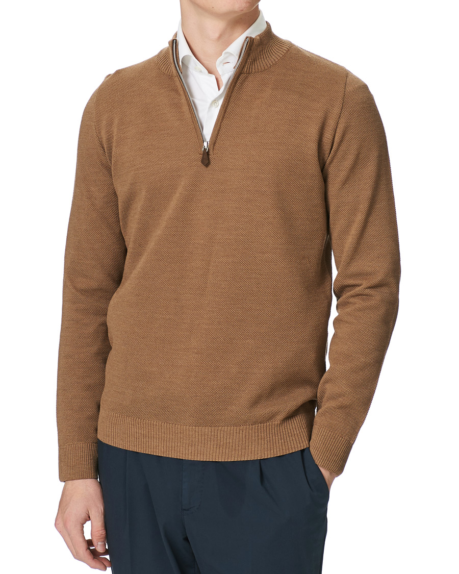 Herren | Pullover | Stenströms | Textured Merino Half Zip Brown