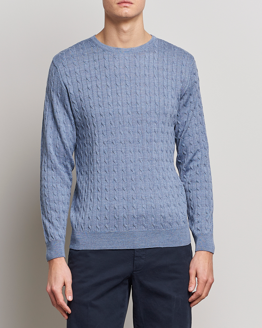 Herren |  | Stenströms | Merino Cable Crew Neck Light Blue