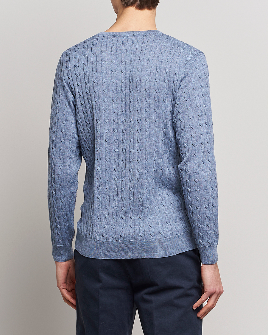 Herren | Pullover | Stenströms | Merino Cable Crew Neck Light Blue