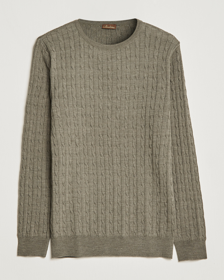 Herren | Pullover | Stenströms | Merino Cable Crew Neck Olive