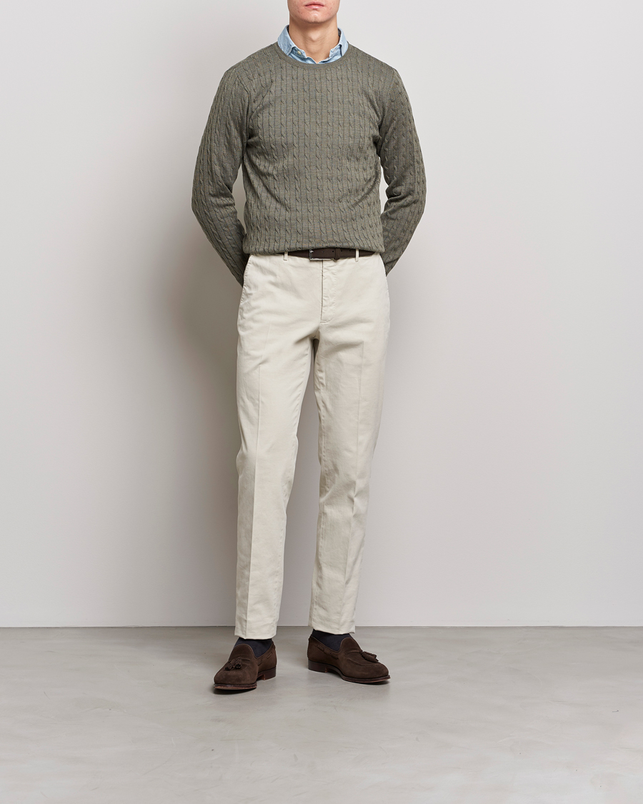 Herren | Pullover | Stenströms | Merino Cable Crew Neck Olive