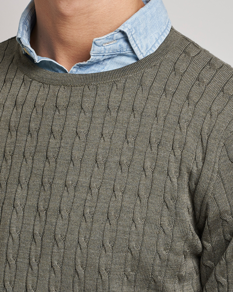 Herren | Pullover | Stenströms | Merino Cable Crew Neck Olive