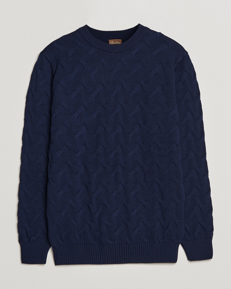 Herren | Pullover | Stenströms | Heavy Cable Merino Crew Neck Navy